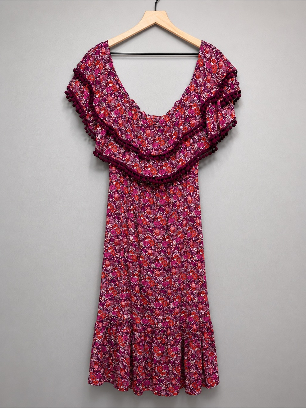 MISA Los Angeles Floral‎ Ruffle Mini Dress Large | Boho Pom Trim
